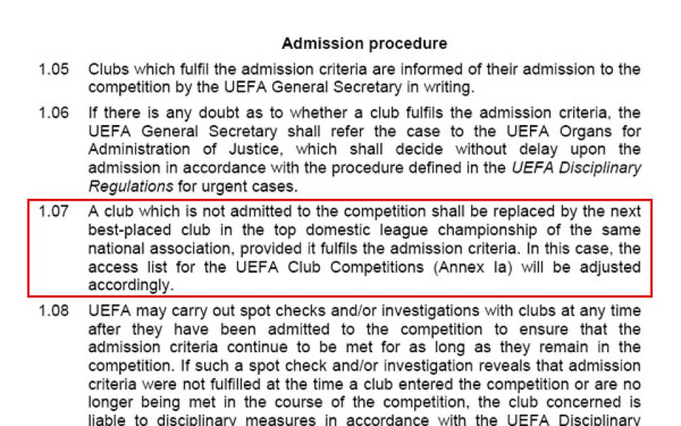 Правилникът на УЕФА: Следващият в класирането сменя шампиона