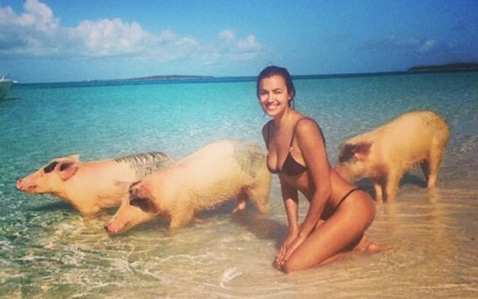 Ирина Шайк позира с прасета в океана