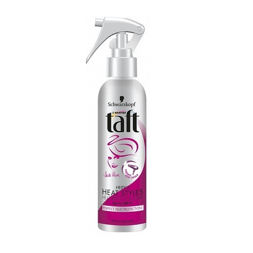 Taft Heat Styles-Термозащитен спрей за коса. Защитава косата от топлина до 220°C. За прически със сешоар, преса или маша. 24 часа заглаждане и естествен блясък.