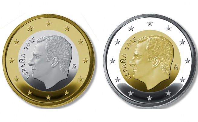 Монети от едно и две евро с лика на крал Фелипе VI, които бяха пуснати в обращение в началото на февруари 2015 г.