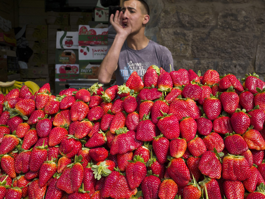Палестински търговец подканя минувачите да купуват ягоди, на връщане от петъчните молитви в Ал-Акса, Йерусалим