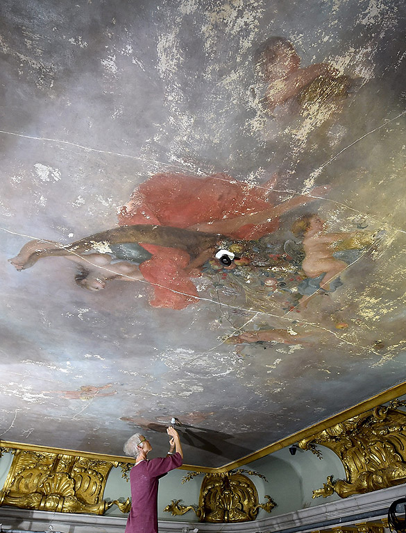 Реставратор работи по фреската "Flora mit Genien" (Flora with Genii), която е рисувана директно върху тавана в преддверието на двореца Сансуси, от шведския художник Йохан Харпер (1688-1746). Фреската ще бъде реставрирана до октомври 2016