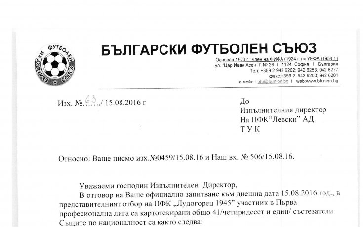БФС отговори на Левски