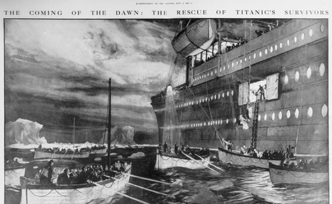 "Карпатия" пристига на мястото, от което "Титаник" подава сигнал, за да спаси оцелелите.