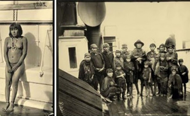 Хора от Чили, представители на коренното население она или селкнам, на път към Европа, за да бъдат вкарани в човешки зоопаркове, 1899 г.