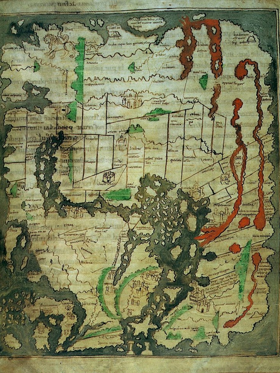 <p>В Англо-скаксонската памучна карта от XI в. най-западните части на света са най-горе. Художникът на картата е нарисувал всички реки в Африка червени поради неправилно разбиране на описанията на Червено море.</p>