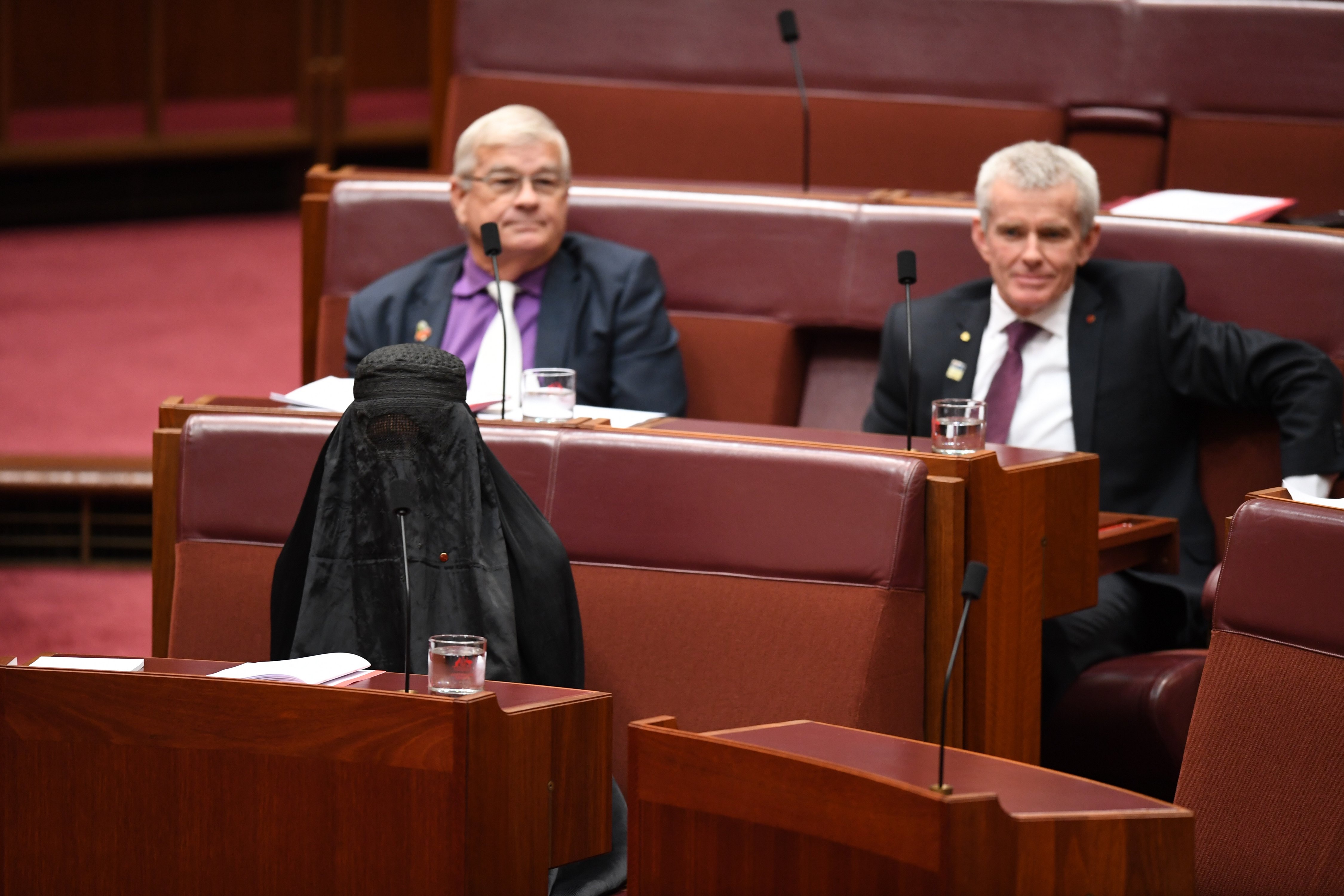 Лидерът на австралийската партия Единна нация Полин Хенсън шокира Сената, влизайки в камарата с бурка. Тя беше снимана в ислямската одежда, когато се яви в парламентарното време за въпроси.