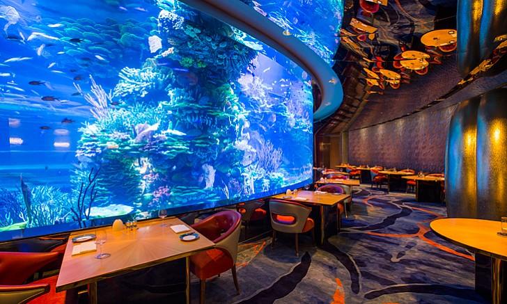 <p><strong>Nathan Outlaw at Al Mahara, в хотел Burj Al Arab Jumeirah, Дубай</strong></p>

<p>Ресторантът Al Mahara и е разположен на подземно, или по-точно подводно ниво, в хотел Burj Al Arab. Той е в Топ 10 на най-добрите рибни ресторанти в света. В него можете да опитате специалитети от цял свят, заобиколени от хиляди морски създания, плаващи зад дебелите стъкла. Имате опция за обяд между 12:30 и 15:00 часа, която излиза почти двойно по-евтино от вечерята между 19:00 и 00:00 часа. В първия вариант трябва да сте облечени небрежно елегантно, докато за вечеря е задължително да бъдете официални, а за мъжете е препоръчително да носят и сако. Ако сте с деца под 12 години може да организирате семеен обяд в Al Mahara. Тъй като ресторантът разполага само с 74 места, е задължително да си направите предварителна резервация през сайта на хотела. За по-специални поводи или тържества се предлагат частни затворени зали с капацитет до 18 души.</p>