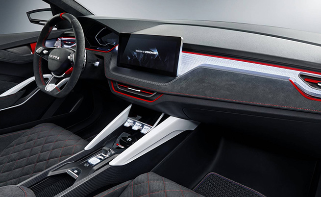  Интериорът наподобява прекомерно добре и изчистено за сериен автомобил, само че тук би трябвало да чакаме поява на цифровото приробро табло във от ден на ден модели на Skoda. 