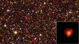  Древните галактики са оградени с червени кръгчета, а в ъгъла е увеличено изображение на една от тях 