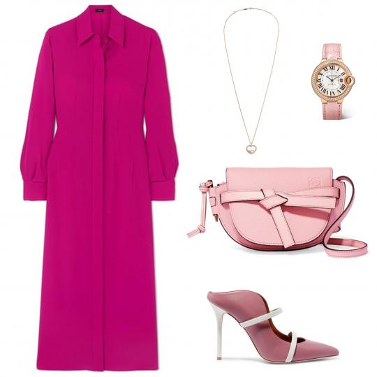 <p><b>Риза-рокля</b><br />
Ризата е неизменна част от офис гардероба. Съчетана с пола или панталон, придава по-строга визия, докато моделът риза-рокля е по-женствен и по-кокетен. Лилава риза-рокля със скрити копчета Joseph, чанта за рамо в цвят пепел от рози Loewe, обувки на висок ток с отворена пета Malone Souliers, часовник Cartier и колие Chopard.</p>

<p><b>&nbsp;</b></p>