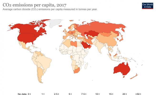  Карта на СО2 излъчванията на глава от популацията за 2017 година 