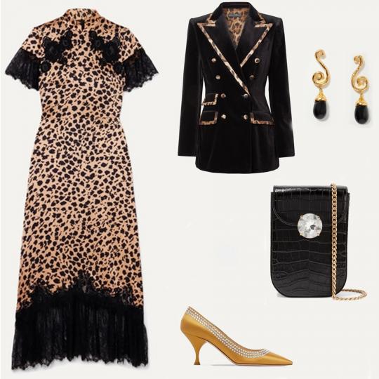 <p><b>Леопардов принт</b></p>

<p>Животинските мотиви, особено леопардовите шарки, са толкова актуални, че си заслужава да им отделите внимание в новогодишната нощ. Моето предложение е сет от леопардова дълга рокля на волани с черна дантела Saloni, кадифено черно сако с леопардови ревери Dolce&amp;Gabbana, мини лачена чантичка и златисти обувки Miu Miu и златни обици с оникс Sophie Buhai.</p>