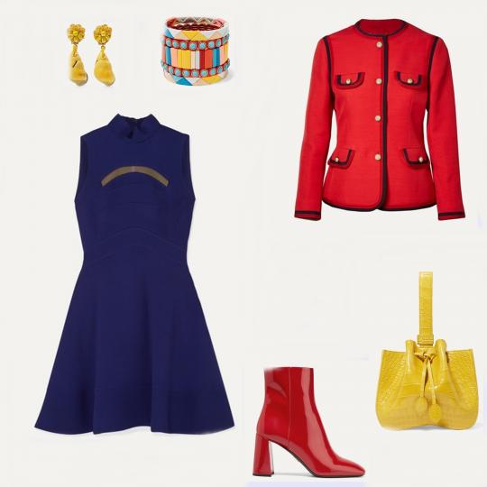 <p>Триъгълен микс<br />
Кулминацията е за най-смелите дами, които не се притесняват да съчетават три противоположни цвята от цветното колело. Синя А-образна рокля Antonio Berardi, червено сако Gucci, червени лачени боти Prada, жълта чанта Alaia, жълти обици Ranjana Khan и разноцветна гривна Roxanne Assoulin.</p>

<p>&nbsp;</p>