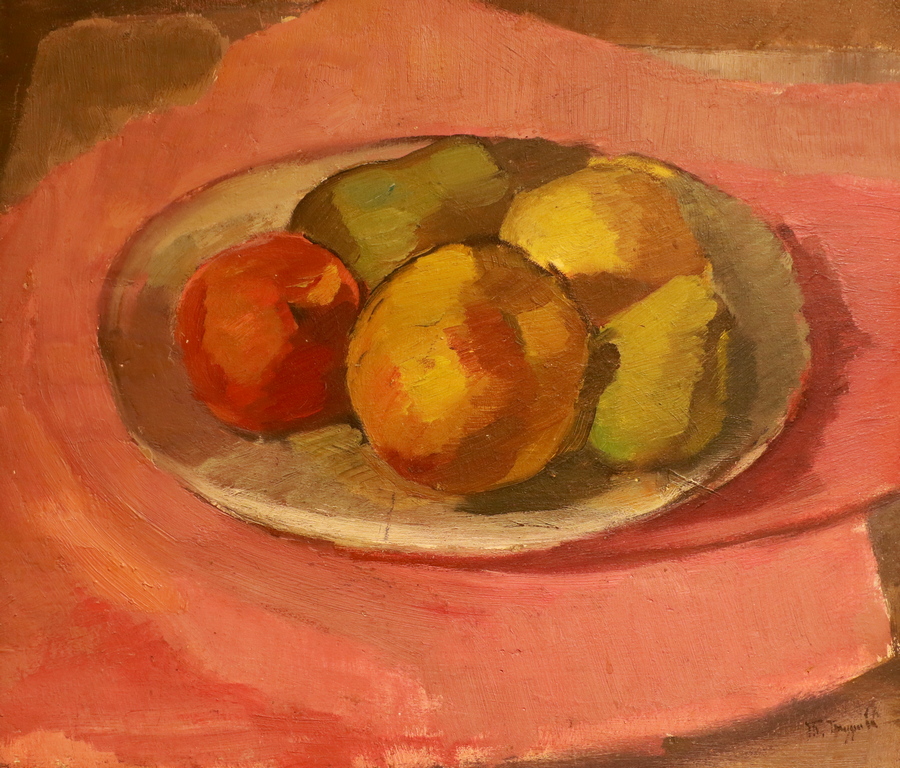 <p>Тодорка Бурова (1902 &ndash; 1985)</p>

<p>Натюрморт с ябълки и круши, 40-те г. на ХХ в. маслени бои, картон</p>