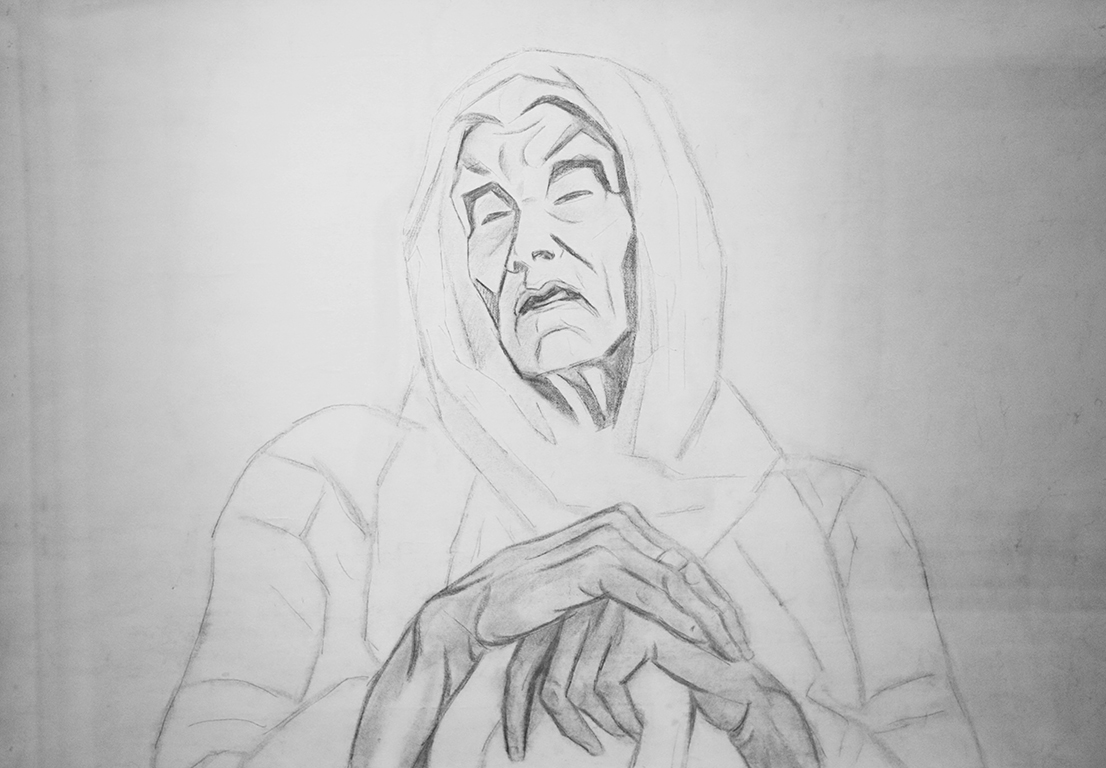<p>Баба Митра от с. Дивля, (подготвителна рисунка), 20-те г. на ХХ в. молив, въглен, пастел, хартия</p>
