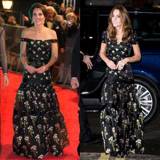 <p><strong>2017 и 2019 г.</strong></p>

<p>Кейт избра рокля с открити рамене на цветя от Erdem за наградите БАФТА, а след това се появи с преработена нейна версия за гала вечерята на National Portrait две години по-късно.</p>