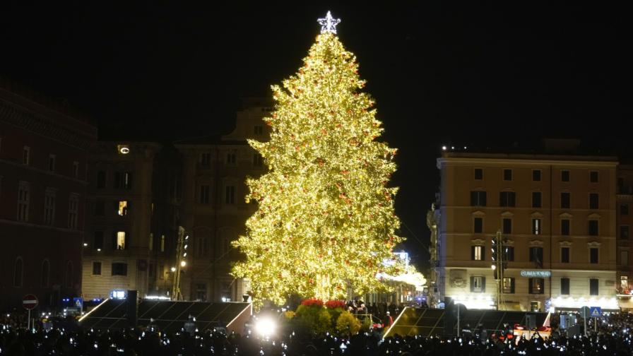 На площад "Венеция" в Рим бяха запалени светлините на официалната коледна елха на италианската столица, съобщават италиански издания.