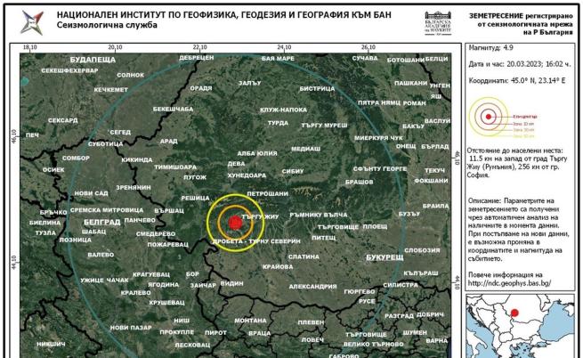Трусът е бил на отстояние от 11,5 километра на запад от град Търгу Жиу в Румъния