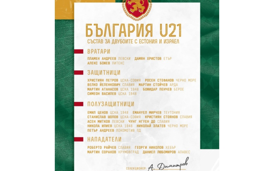 България U21 стартира с гостуване на Естония на 7 септември