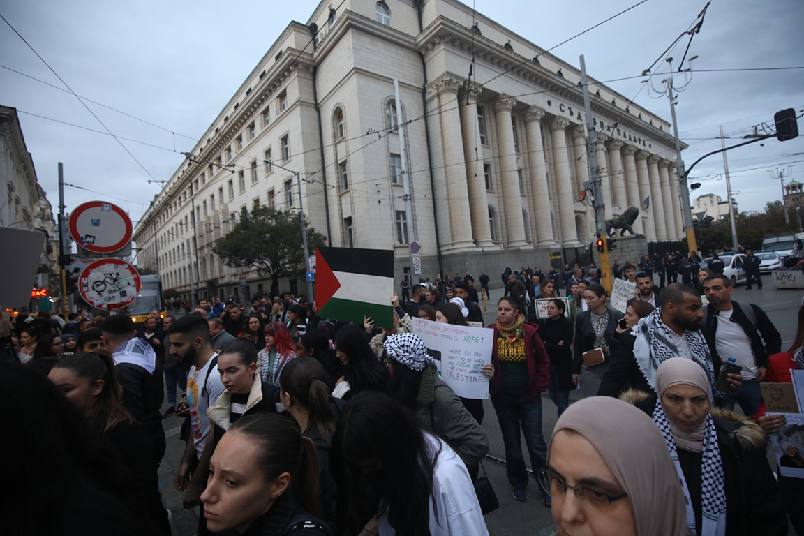 <p>Стотици се събраха на протест в защита на палестинския народ в центъра на София тази вечер</p>