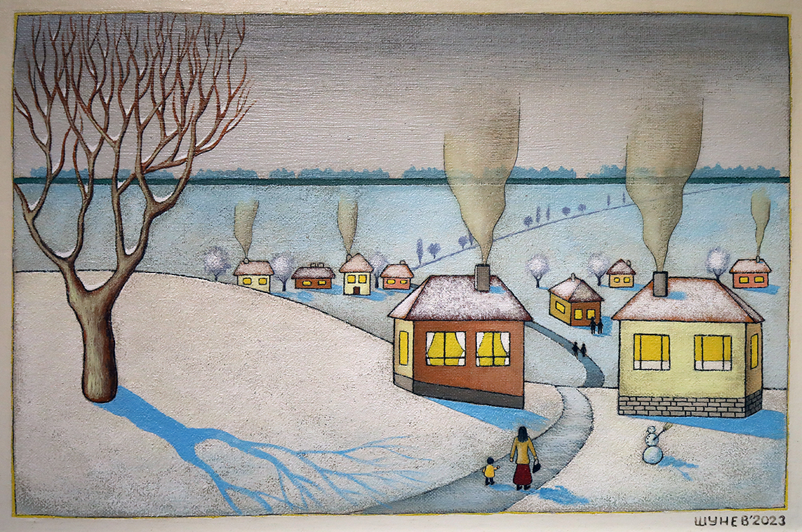 <p>И докато в миналата изложба преобладаваше широтата и простора на лавандуловите полета и нивите като черги, то сега е съвсем различно усещането, защото пространствата са запълнени с къщи, хора и животинки, а това придава много уют, закътаност и топлота.</p>