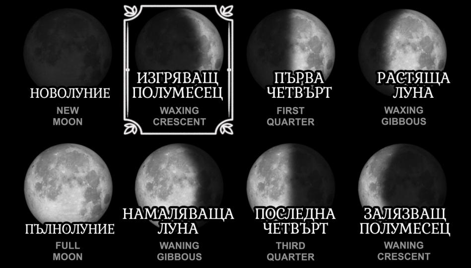 <p><strong>Изгряващ полумесец (First/Waxing Crescent Moon)</strong><br />
Вие сте енергични, но и съсредоточени &ndash; знаете какво искате от живота и насочвате енергията си към целите си. Родени сте с решителност и амбиция и се стремите да изследвате нещата в дълбочина. Вашата вродена креативност ви помага да мислите по-нетрадиционно. Освен това ви помага да разберете проблемните ситуации от нова перспектива. Тази необходимост често води до вътрешен конфликт, при който сте разкъсвани между това да се справите с нещо по изпитани методи или по нов начин. Имате силно чувство за лоялност - особено към родителите или приятелите от детството. Може да се сблъскате с много ограничения срещу житейските си планове. Ще трябва да намерите решения чрез размисъл и аналитичност, за да преодолеете тези препятствия и да постигнете мечтите си. 20-те и 30-те са годините, в които можете да постигнете най-големи успехи и растеж.</p>