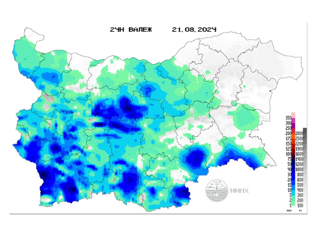 24-часов сумарен валеж за 21 август 2024 г.