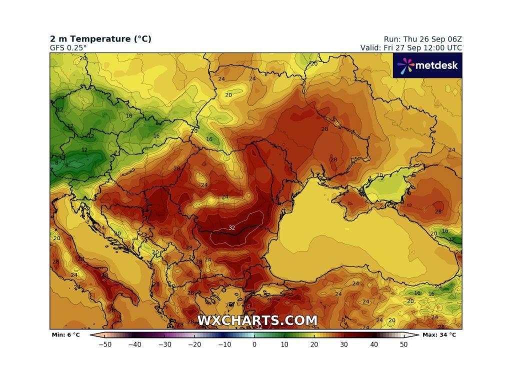 Максимални дневни температури за 27 септември според ECMWF