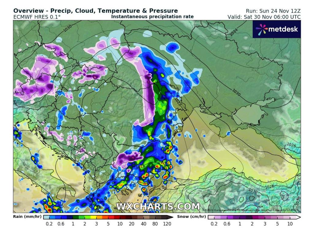 Валежи от дъжд и сняг в последните дни на ноември според ECMWF