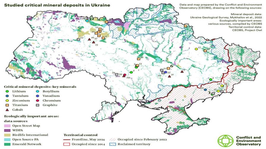 Карта с находищата на критични минерали в Украйна