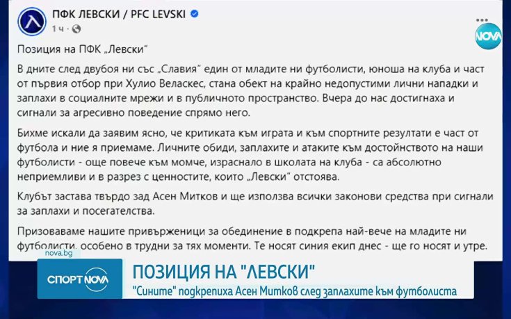 Левски с позиция в подкрепа на Асен Митков