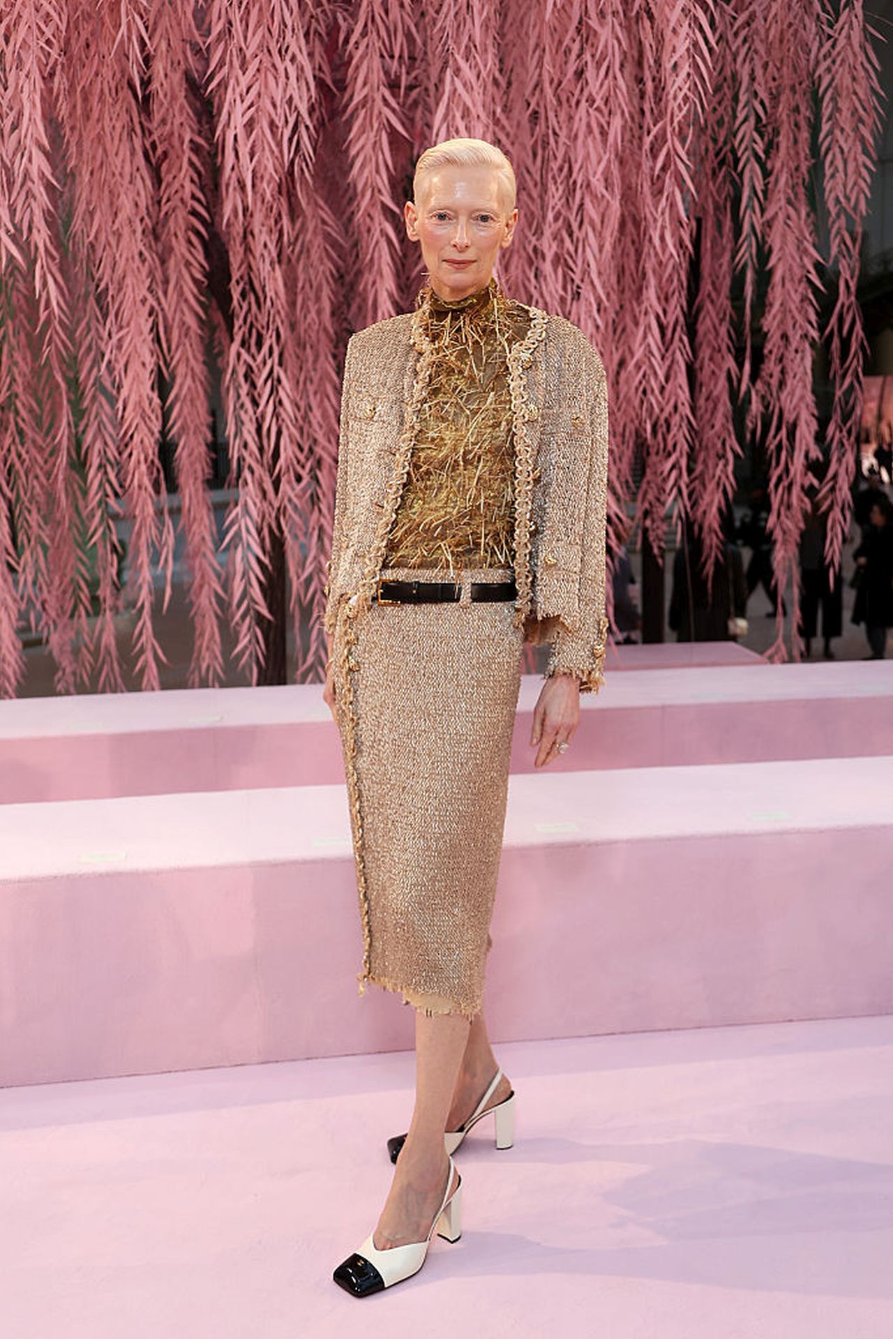 <p><strong>Тилда Суинтън</strong></p>

<p>Внушителната Тилда Суинтън също беше сред гостите на най-новото ревю на Chanel. Актрисата постави акцент върху текстурата, избирайки златна блуза с пера, носена под металическо букле яке и пола &ndash; модерен прочит на емблематичната за Chanel материя.</p>