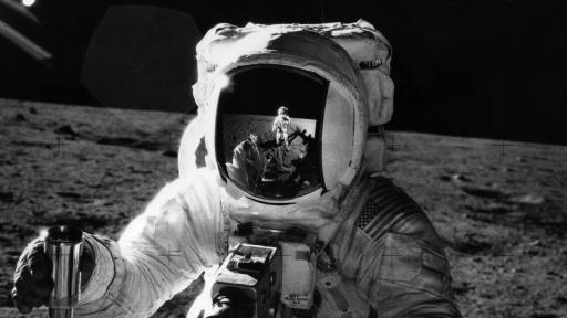Астронавтът от мисията „Аполо 12“ Алън Бийн държи контейнер с лунна почва, събрана по време на повърхностната дейност извън модула. На лявата си китка той носи списък със задачи, а на гърдите му е монтирана камера Hasselblad за заснемане на мисията. В огледалния визьор на шлема му се отразява неговият колега Чарлз Конрад, който прави тази историческа снимка.