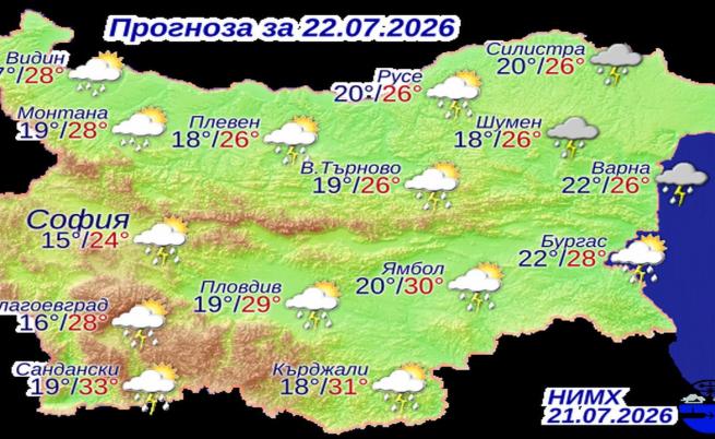 Прогнозни температури на НИМХ за сряда, 22 юли