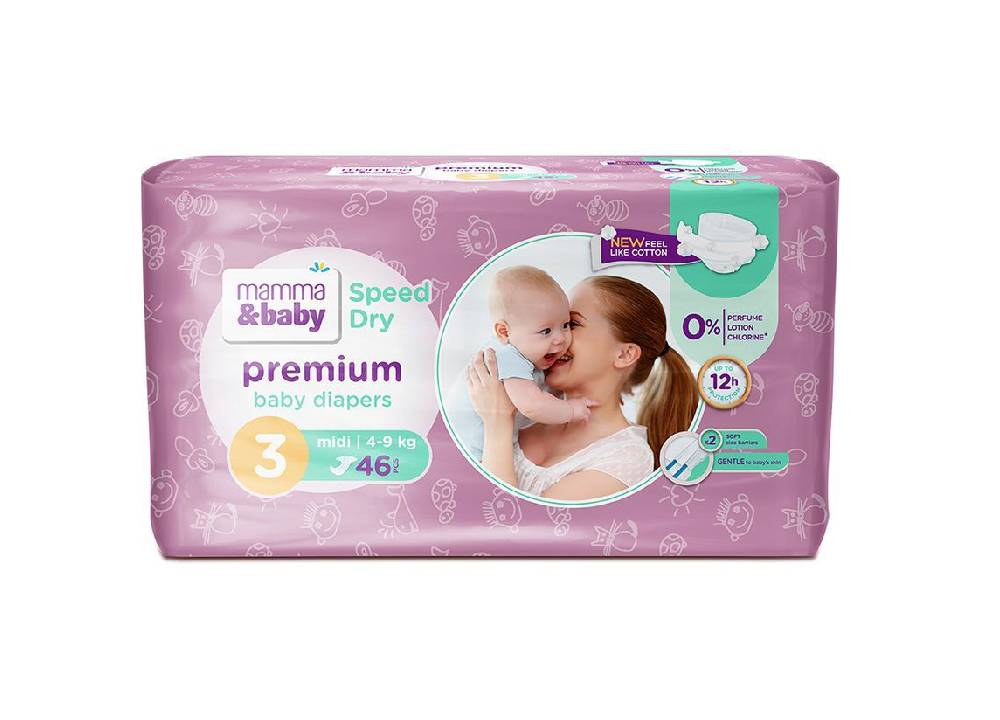 MAMMA&BABY PREMIUM SPEED DRY Пелени размер 3 , 4-9кг , 46 бр