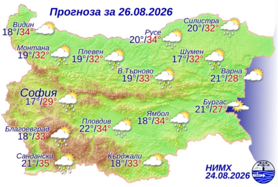 На снимката е показана метеорологична карта с прогнозата за времето за 26 август 2026 г.
