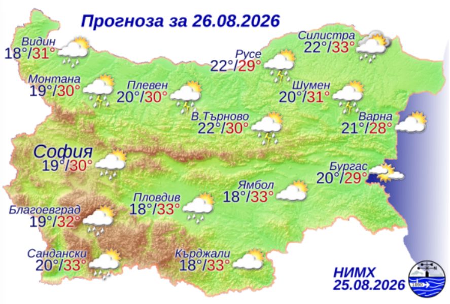 На снимката е показана метеорологична карта с прогнозата за времето за 26 август 2026 г.