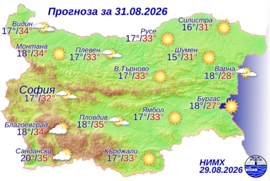 На снимката е показана метеорологична карта с прогнозата за времето за 31 август 2026 г.