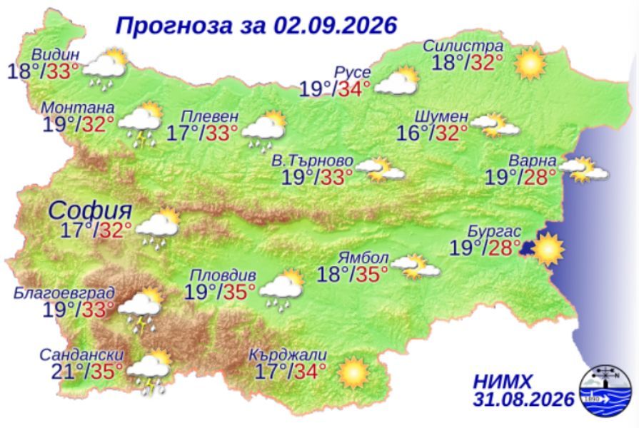 На снимката е показана метеорологична карта с прогнозата за времето за 2 септември 2026 г.