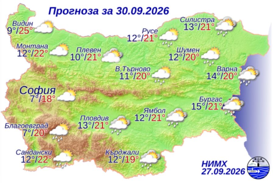На снимката е показана метеорологична карта с прогнозата за времето за 28 септември 2026 г.