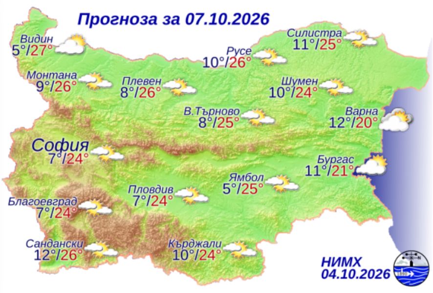 На снимката е показана метеорологична карта с прогнозата за времето за 7 октомври 2026 г.