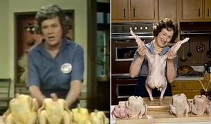За видовете пилета - кадър от The French Chef с истинската Джулия Чайлд (вляво) и Мерил Стрийп в кадър от филма