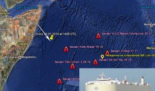 На тази карта, публиксувана в сайта odin.fm, е посочено движението на "Ейшън глори" и местата на отвличане на други кораби