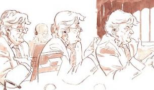 Рисунки от съдебната зала: Караджич се защитава сам по време на процеса