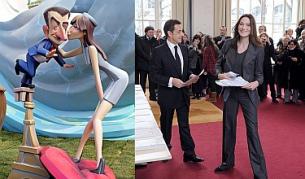 Карикатурни фигури на Саркози и Карла (вляво). Вдясно: президентът и първата дама на Франция