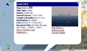 Сателитната карта на сайта MarineTraffic.com  показва как "Амалтея" захожда от югоизток към Ел Ариш