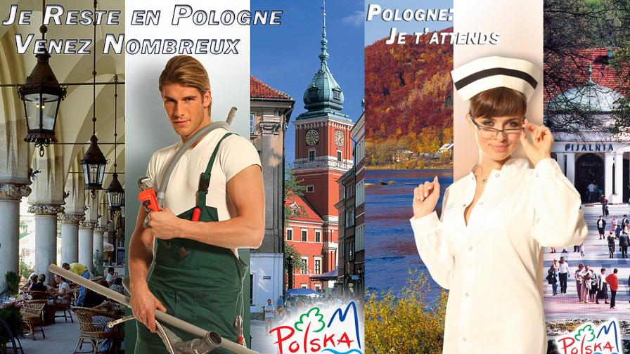 Комбо от два плаката на полската туристическа служба във Франция. На единия полски "водопроводчик" казва "Оставам в Полша - елате и вие", на другия - секси сестра казва "Полша ви чака"