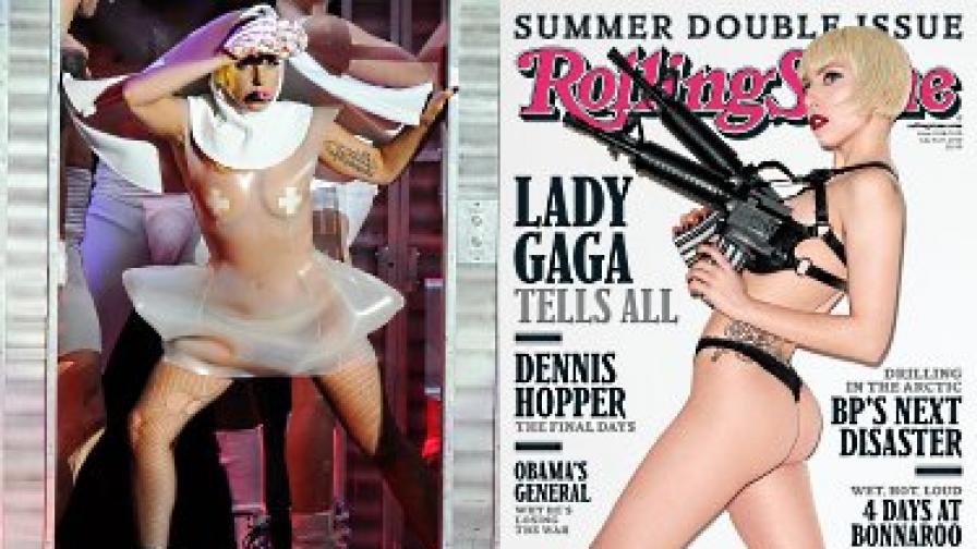 Винаги провокативна - Лейди Гага на концерт (вляво) и на корицата на американския "Ролинг стоун"