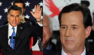 Мит Ромни (вляво) и Рик Санторъм